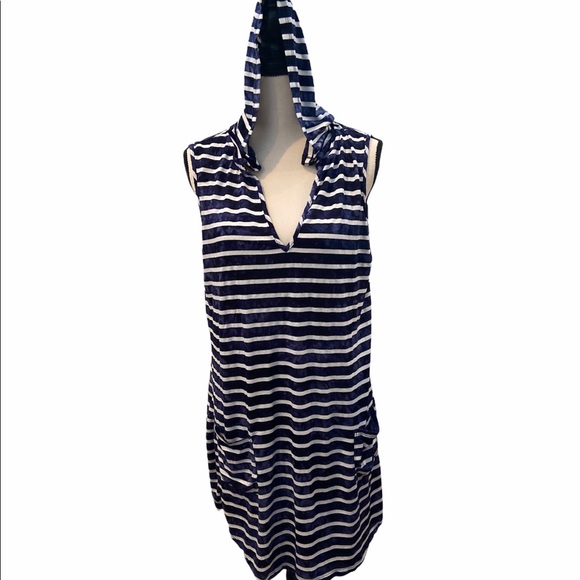 EUC Blue Curl L navy & white stripe hooded coverup - Picture 1 of 7